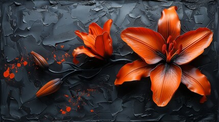 Wall Mural - A black impasto canvas, with a bold texture that adds depth, decorated with bright orange tiger lily petals. 