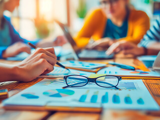 Wall Mural - Close-up of glasses on financial charts, team working in background, concept of analysis. Generative AI