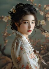 Wall Mural - Portrait of a young Korean woman in traditional dress