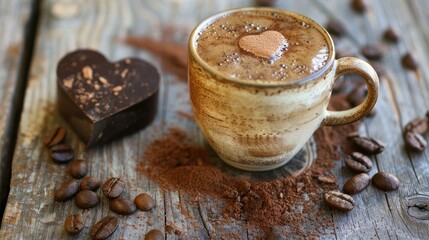 Poster - Cappuccino cup with a cocoa heart on a wooden surface