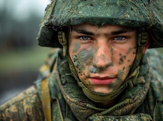 Poster - Close Up Portrait of a Young Soldier in Camouflage