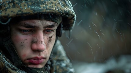 Poster - Portrait of a young soldier in the rain