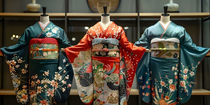 Three traditional Japanese kimono displayed on mannequins in a store