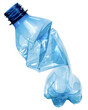 © Praewphan - close up used blue transparent PET plastic water bottle on white background, sustainable environment concept.