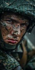 Wall Mural - Portrait of a soldier with mud on his face