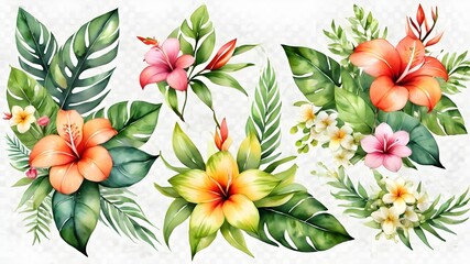 Watercolor of Tropical spring floral green leaves and flowers s isolated on transparent png background, bouquets greeting or wedding card decoration