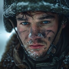 Sticker - Portrait of a soldier with blue eyes and a dirty face