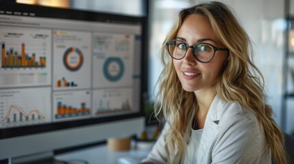 Aufkleber - A blonde businesswoman in an office setting, wearing glasses, sitting at the desk, in the office, next to a PC computer. the display shows a AI dashboard. Generative AI.