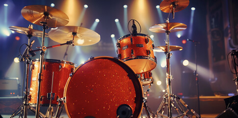 Poster - On a stage, a vibrant drum set awaits its performance. Generative AI.