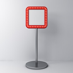 Aufkleber - Blank retro square billboard or blank white signboard sign stand with glowing yellow neon light bulbs isolated on dark white grey wall background with shadow 3D rendering