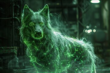 Wall Mural - a green wolf with glowing eyes stands in front of a green background