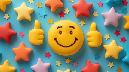 Smiley face surrounded by positive symbols, thumbs-up gestures, stars, and happy emoticons