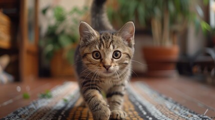 Wall Mural - A kitten is walking on a rug in a room