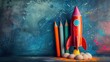 © MochSjamsul - Sketch Rocket Pencils Books School Back to start blackboard background book crayons equipment launch creativity apple supply education creative concept chalk idea desk class vignetting
