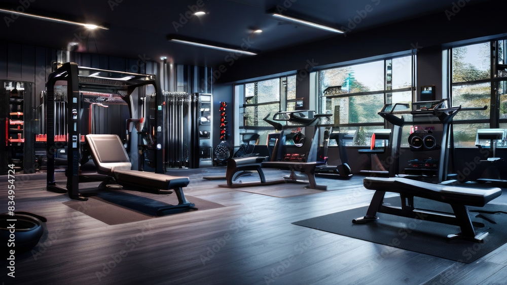 A modern gym with various equipment for training. Inside you can see ...