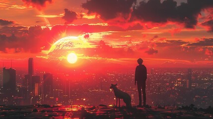 Wall Mural - A man and his dog are standing on a rooftop overlooking a city at sunset