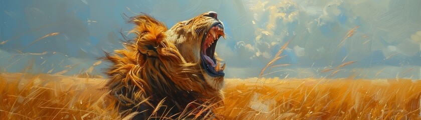 Wall Mural - A lion is roaring in the wild