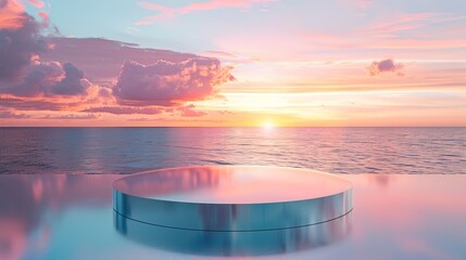 Wall Mural - Glass podium on crystal water surface on tender sunset sky background. Show case for natural cosmetic products. Concept scene stage for new product