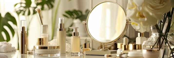 Poster - A close-up shot of a vanity table top, featuring a gold tabletop mirror surrounded by various cosmetic products, all neatly organized and in elegant packaging. Generative AI