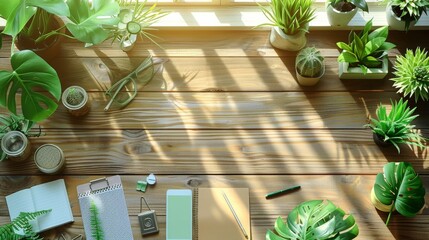 Aufkleber - Eco-friendly office supplies displayed on a wooden desk with green plants. Bright, natural light coming from a nearby window, creating a fresh. Generative AI.