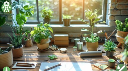 Aufkleber - Eco-friendly office supplies displayed on a wooden desk with green plants. Bright, natural light coming from a nearby window, creating a fresh. Generative AI.