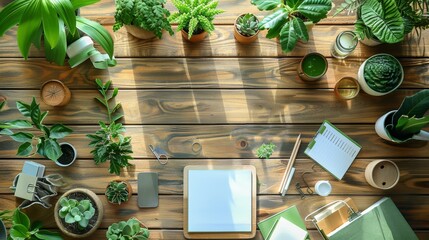 Aufkleber - Eco-friendly office supplies displayed on a wooden desk with green plants. Bright, natural light coming from a nearby window, creating a fresh. Generative AI.
