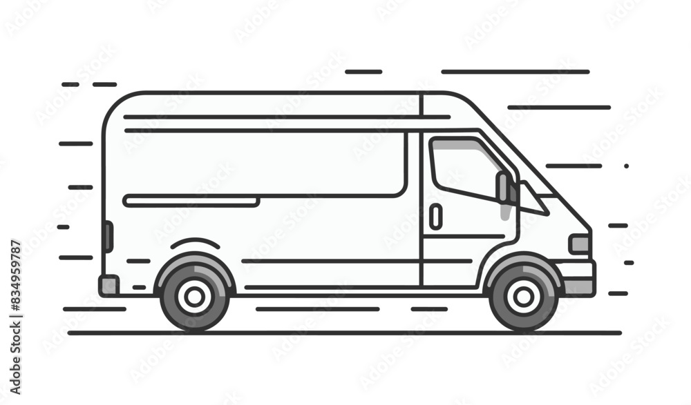 A line drawing of a van in side view, depicted in motion with speed ...