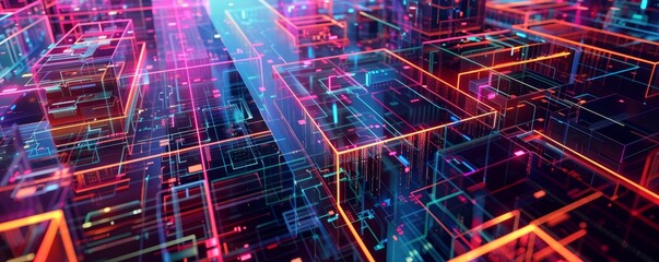 Wall Mural - Abstract digital grid with neon lights representing futuristic technology, data connectivity, and virtual network environments.