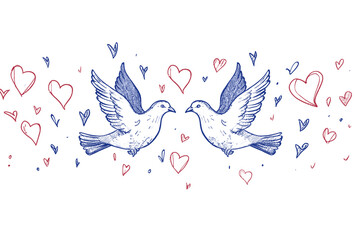 a hand-drawn illustration of two blue doves facing each other with a backdrop of red and blue hearts