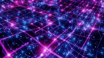 Poster - Abstract neon light grid with purple and blue lines representing futuristic data connection and network visualization.