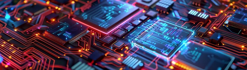 Poster - Close-up of a futuristic circuit board with glowing neon lights, representing technology, innovation, and modern electronics.