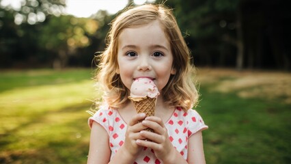 A young girl eating an ice cream cone in a park, AI