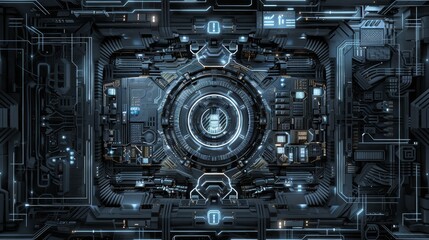 Poster - Futuristic high-tech control panel with intricate circuitry, glowing lights, and advanced technological design in a dark metallic color scheme.