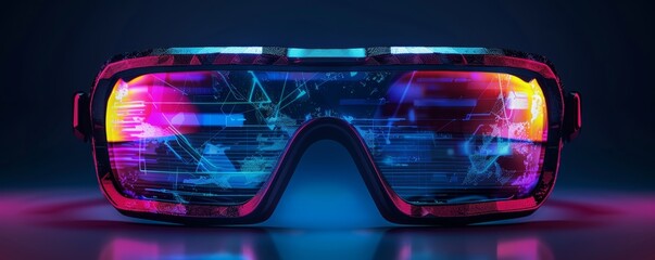 Poster - Futuristic virtual reality headset with neon lights and digital interface, showcasing advanced technology and immersive gaming experience.