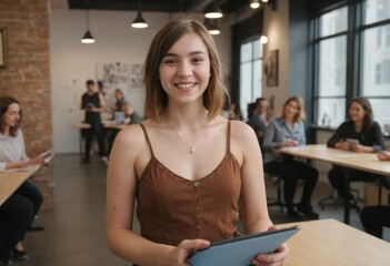 Canvas Print - A young woman stands smiling, holding a digital tablet. She is in a busy office space with colleagues.