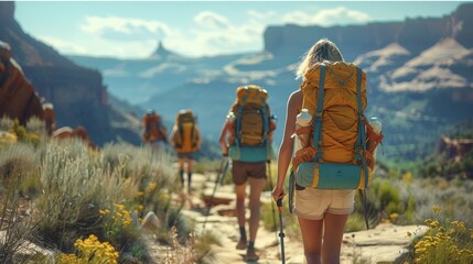 Friends hiking along a trail in a national park, backpacks filled with snacks and water bottles. Generative AI.