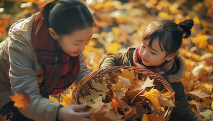 Two young girls are playing in a pile of leaves, one of them holding a basket