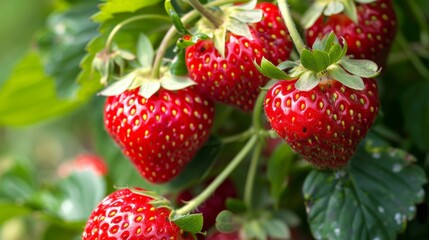 Large, red strawberries growing on a vine.