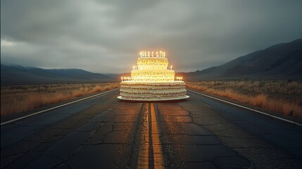 Aufkleber - Giant birthday cake with candles lit up by the side of an empty highway. Generative AI.