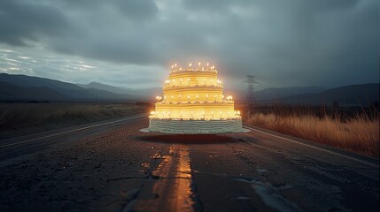 Aufkleber - Giant birthday cake with candles lit up by the side of an empty highway. Generative AI.
