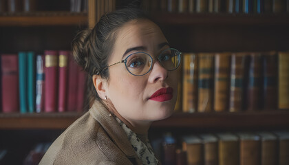 Wall Mural - A woman wearing glasses and red lipstick is sitting in front of a bookshelf