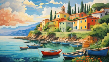 Mediterranean landscape with boats and fishing village, Tuscany, Italy art design