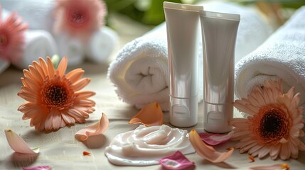 Poster - Two tubes of hand and foot cream are displayed on a background of soft towels and delicate flower petals. Generative AI