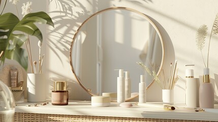 Poster - A vanity table with a round mirror, various cosmetics, and a white vase with dried flowers. Generative AI