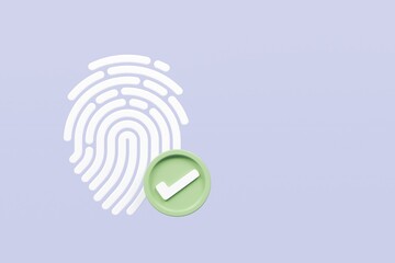 Poster - 3D Protection fingerprint authorization with check mark icon isolated on blue background. Biometric verification. Touch ID fingerprint. Account identity privacy secure personal data concept. 3d render