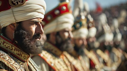 The image shows a group of men in traditional Turkish military costumes, with turbans and long beards