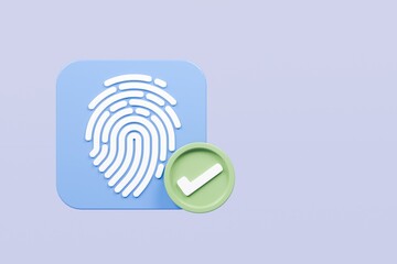 Poster - 3D Protection fingerprint authorization with check mark icon isolated on blue background. Biometric verification. Touch ID fingerprint. Account identity privacy secure personal data concept. 3d render