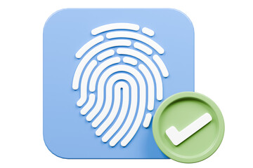 Poster - 3D Protection fingerprint authorization with check mark icon isolated on blue background. Biometric verification. Touch ID fingerprint. Account identity privacy secure personal data concept. 3d render