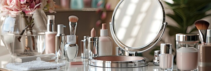 Aufkleber - A close-up of a vanity tabletop with a mirror and various cosmetic products, arranged neatly and elegantly. Generative AI