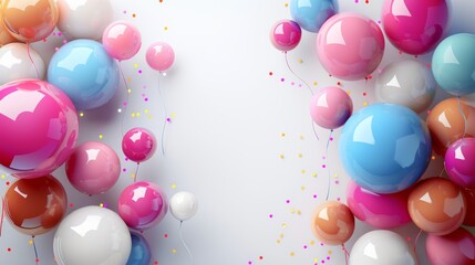 Poster - Vibrant balloons, white background, stage feel, party setup, text space. Generative AI.